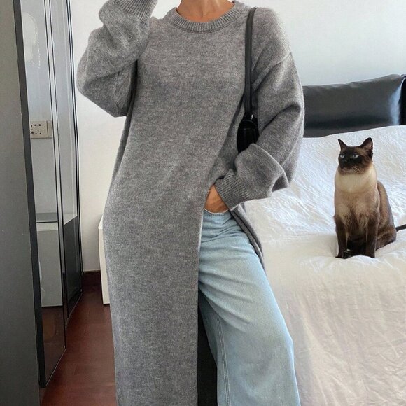 Grey Women's Casual Split Hem Knit Sweater Top - Picture 4 of 7